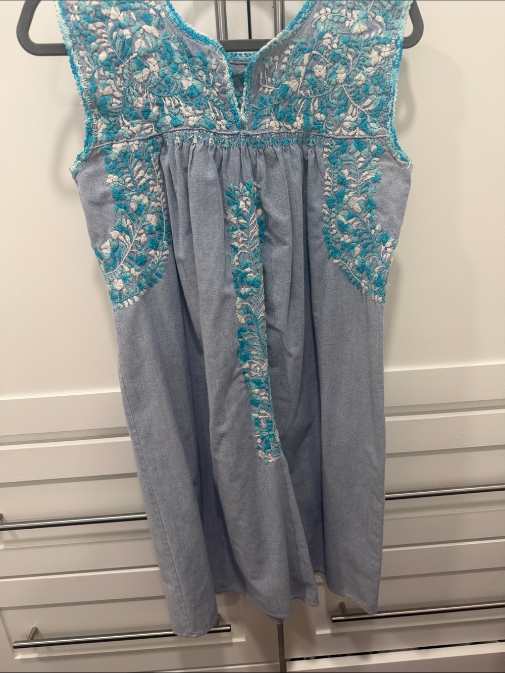 Source Unknown Light Blue Midi Dress with Turquoise Embroidery
